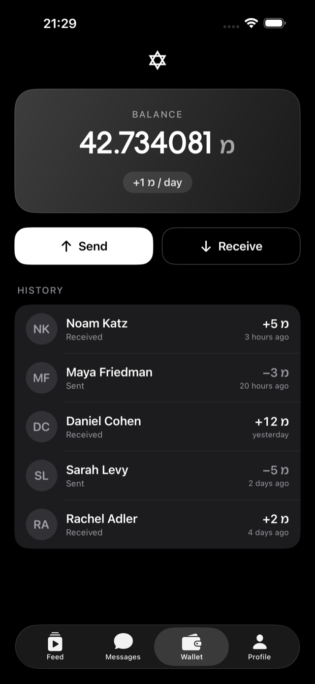 Wallet — live balance, send and receive, full history